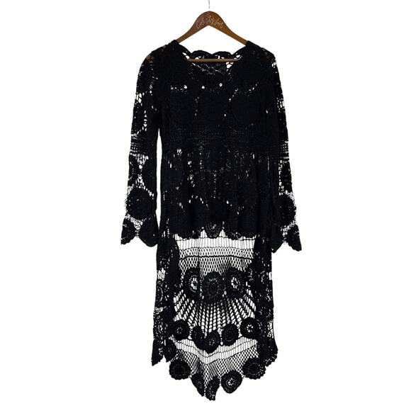 Black Knit Sweater Top Sheer Long Sleeve Train Halloween Witch Semi Sheer Boho - Picture 1 of 7